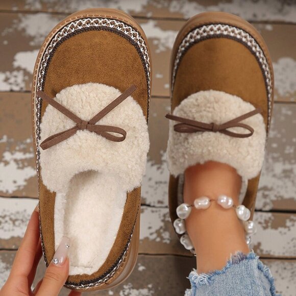 Camel Casual Women's Thick Flat Suede Shearling Slippers - Picture 2 of 8